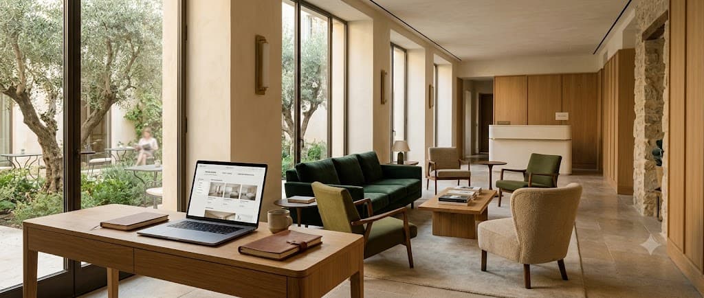 Prostrani hotelski lounge i recepcija s laptopom za pregled digitalnih performansi