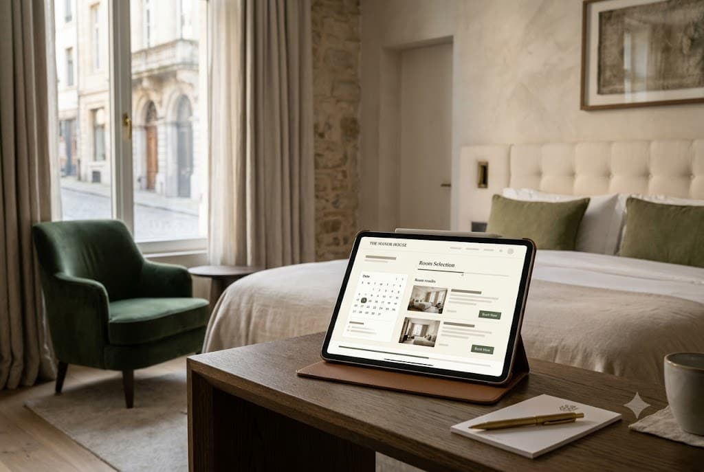 Hotelska soba s tabletom na kojem je booking sučelje za odabir smještaja